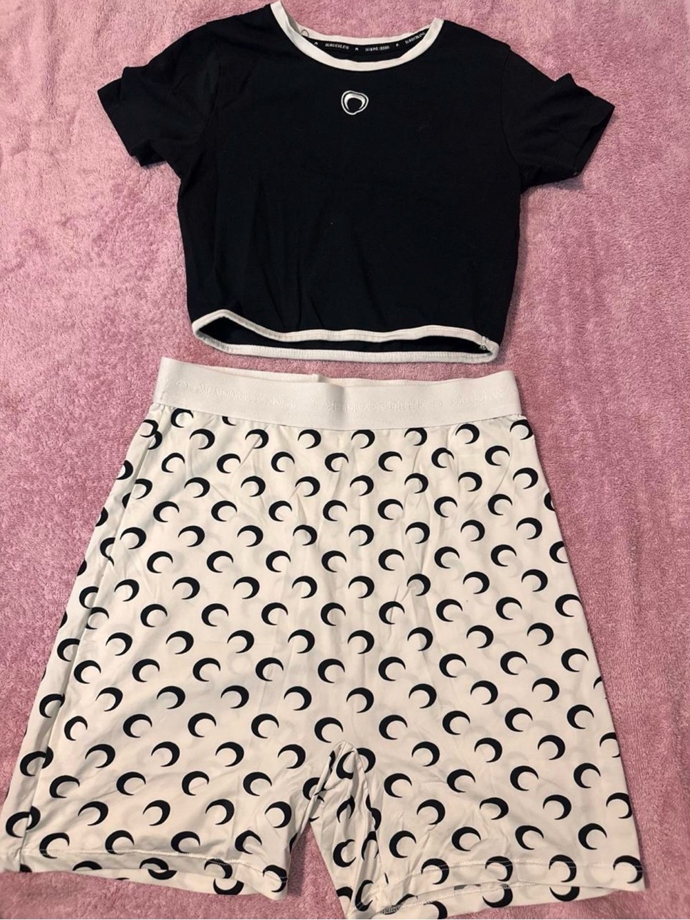 Marine Serre Black Crop Top and White Crescent-Print Bike Shorts